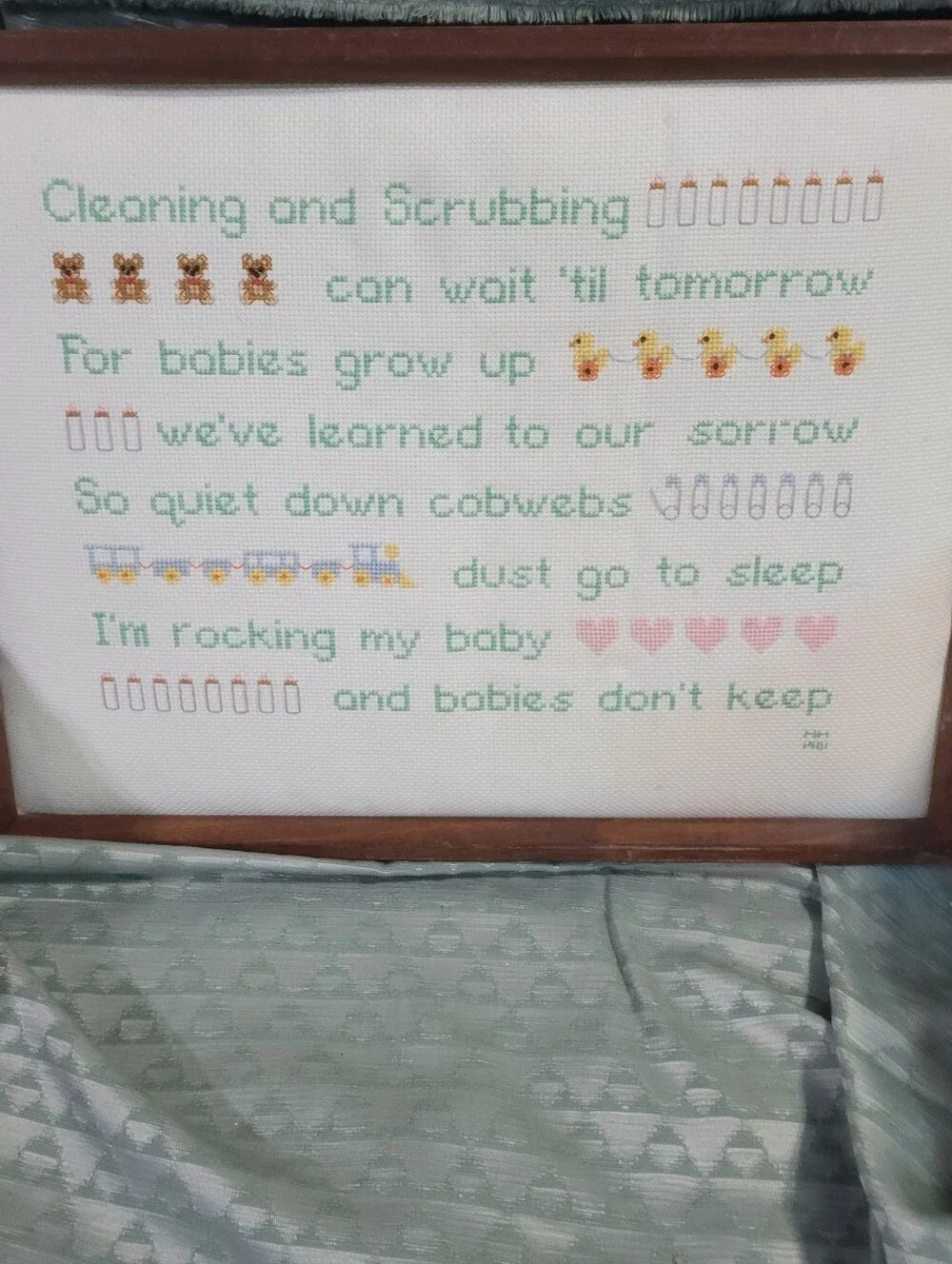 Vintage Framed Handmade Cross-Stitch Baby Lyrics Wall Art in Green and Pink